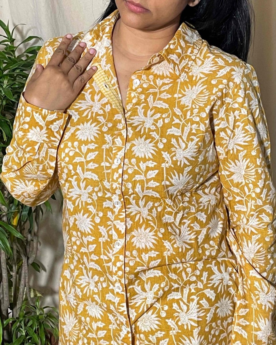 Trisha Slim Fit Cotton Yellow Floral Shirt Long Sleeve - Newnaa