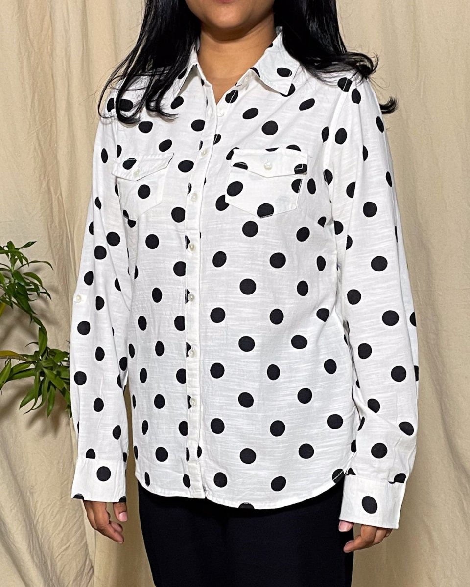 Trisha Slim Fit Slub Cotton White and Black Polka Dot Shirt Long Sleeve - Newnaa