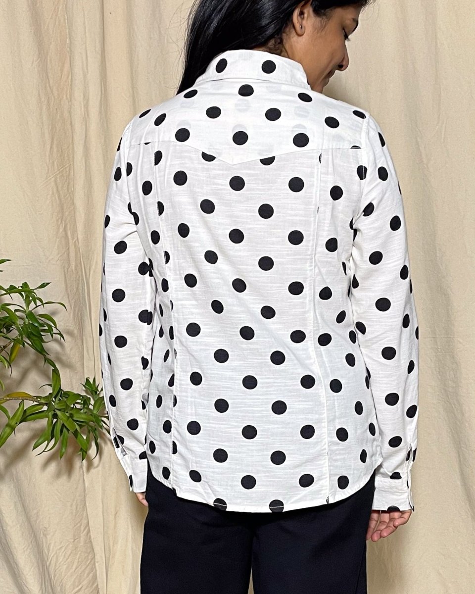 Trisha Slim Fit Slub Cotton White and Black Polka Dot Shirt Long Sleeve - Newnaa