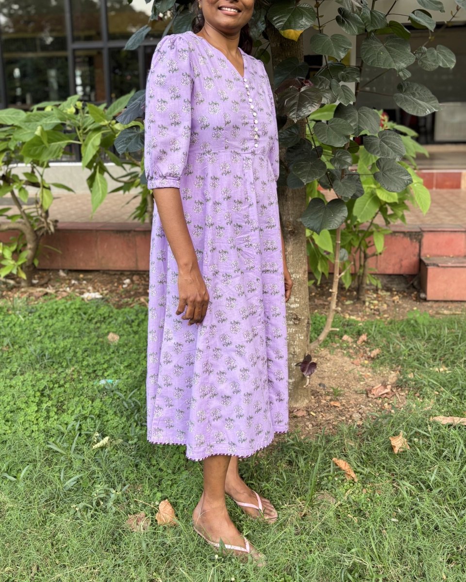 Vayu Cotton Lilac Floral Midi Dress 3/4 Sleeve - Newnaa