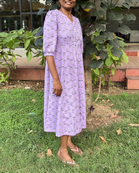 Vayu Cotton Lilac Floral Midi Dress 3/4 Sleeve - Newnaa