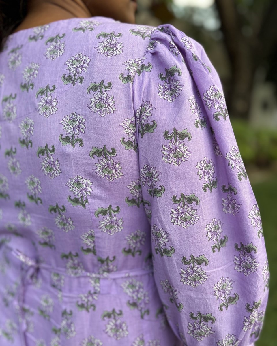 Vayu Cotton Lilac Floral Midi Dress 3/4 Sleeve - Newnaa
