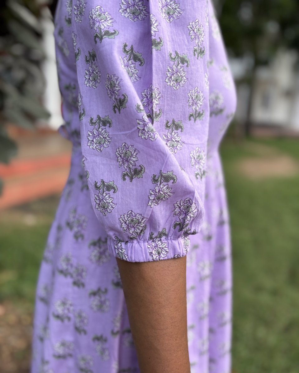 Vayu Cotton Lilac Floral Midi Dress 3/4 Sleeve - Newnaa